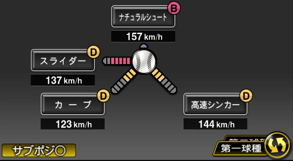 横山 陸人の球種（ゲーム内の画面）