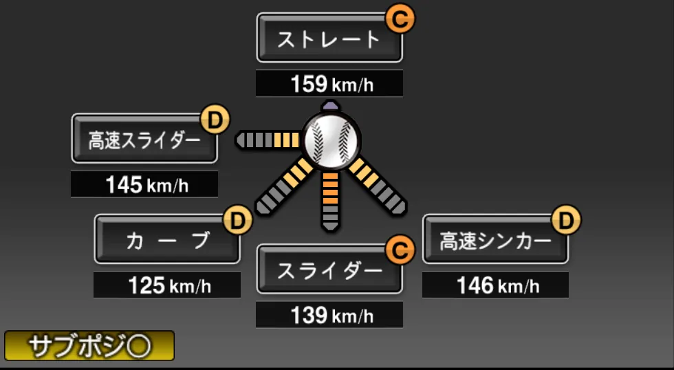 小野 郁の球種（ゲーム内の画面）