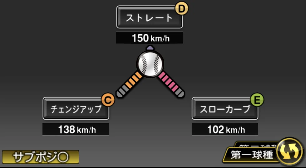 毛利 海大の球種（ゲーム内の画面）