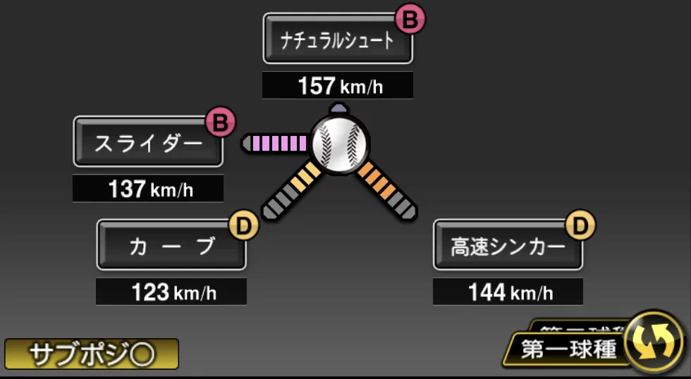横山 陸人の球種(ゲーム内の画面)
