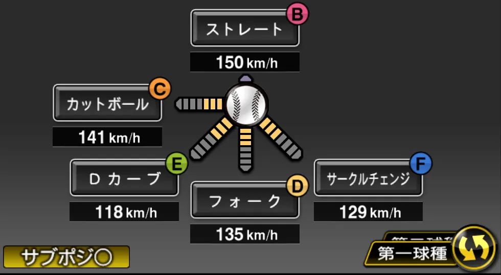 小川 泰弘の球種(ゲーム内の画面)