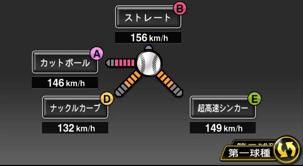 バーネットの球種(ゲーム内の画面)