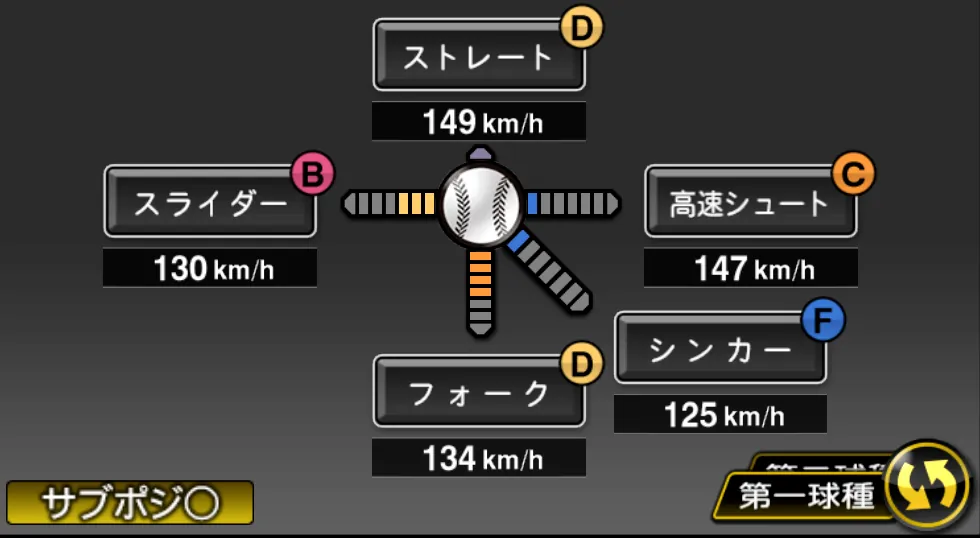 館山 昌平の球種(ゲーム内の画面)