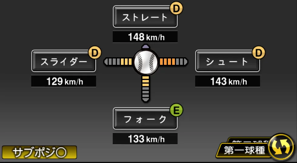 原 樹理の球種（ゲーム内の画面）