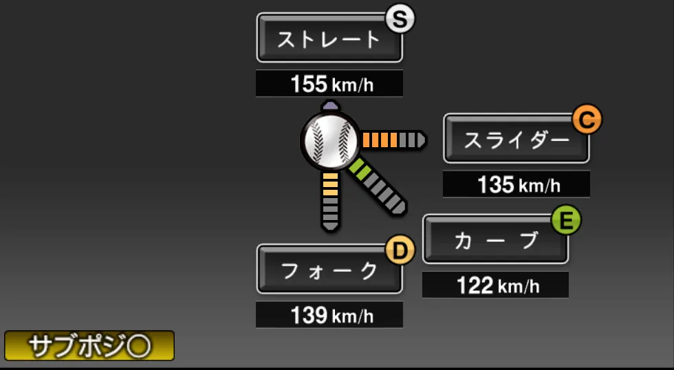 石井 弘寿の球種（ゲーム内の画面）