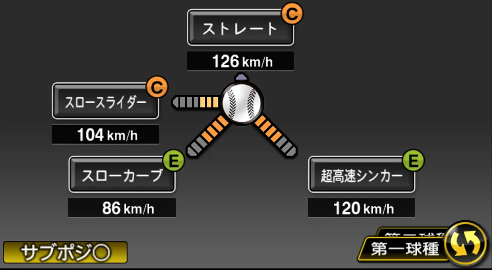 山中 浩史の球種（ゲーム内の画面）