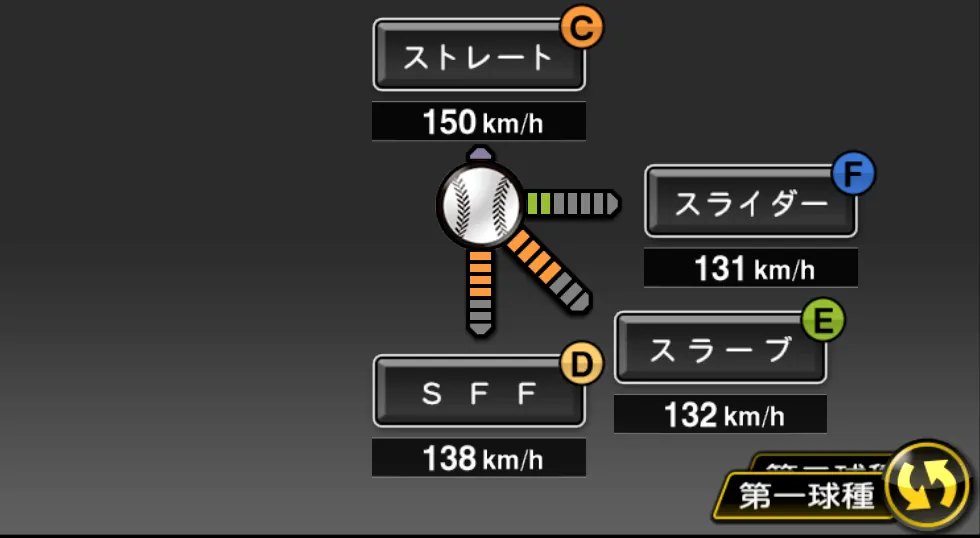 村中 恭兵の球種（ゲーム内の画面）