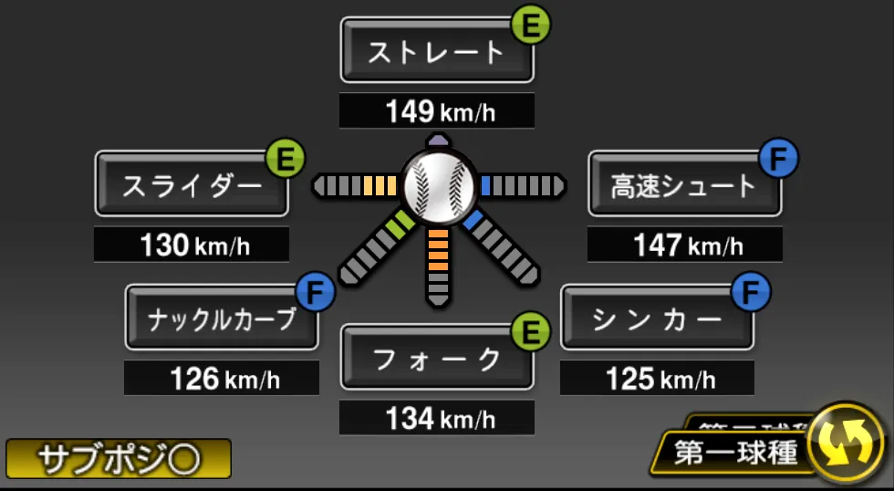 館山 昌平の球種（ゲーム内の画面）