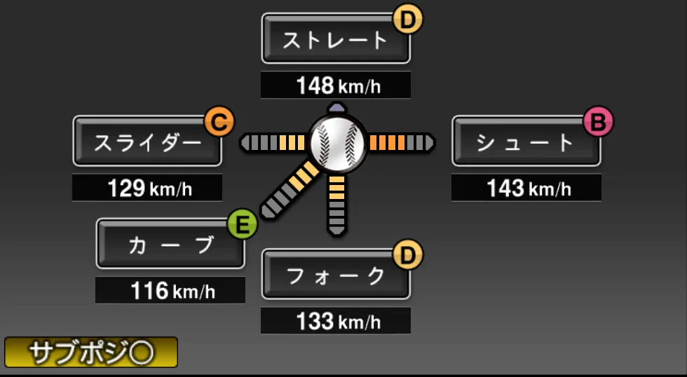 吉井 理人の球種（ゲーム内の画面）