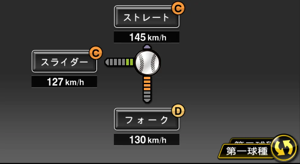 山本 哲哉の球種（ゲーム内の画面）