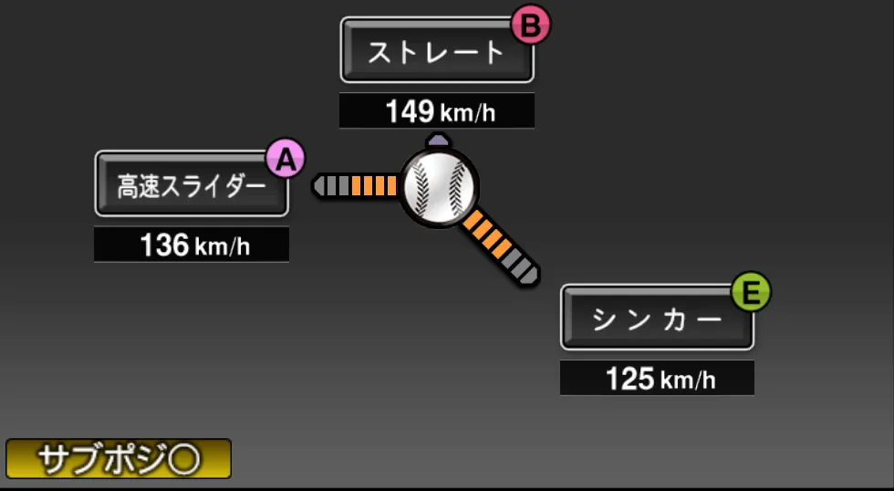 秋吉 亮の球種（ゲーム内の画面）
