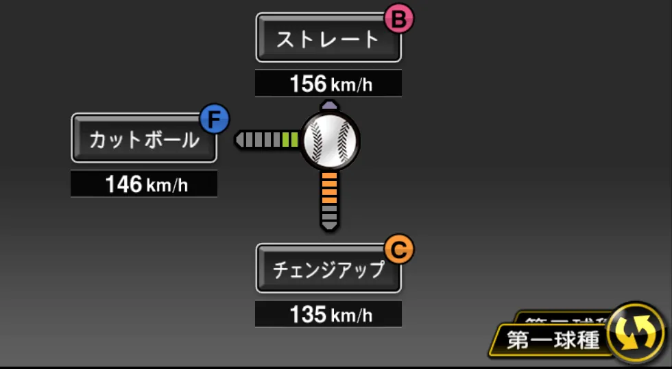 カラシティーの球種（ゲーム内の画面）