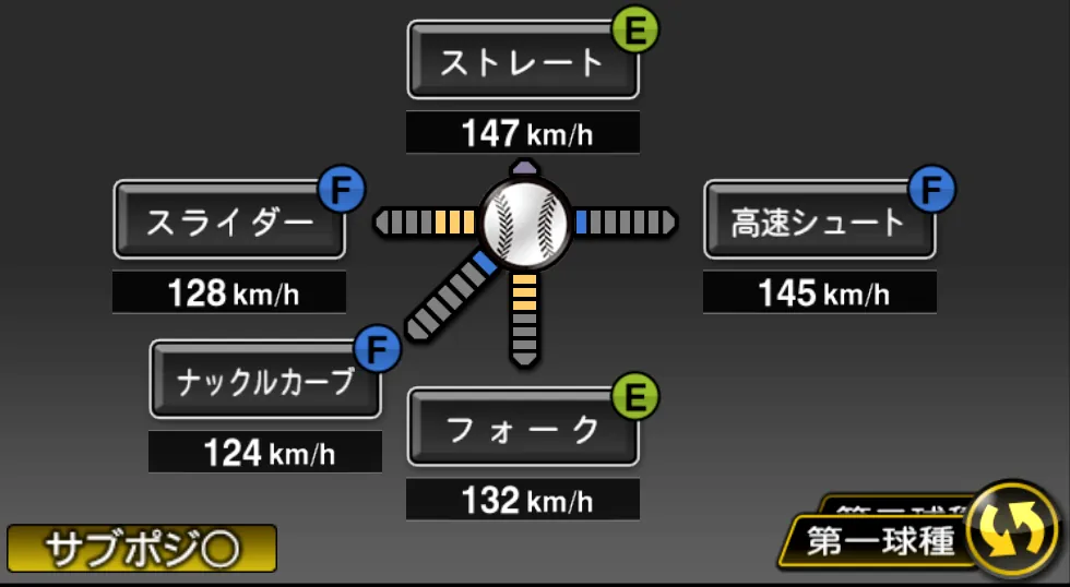 館山 昌平の球種（ゲーム内の画面）
