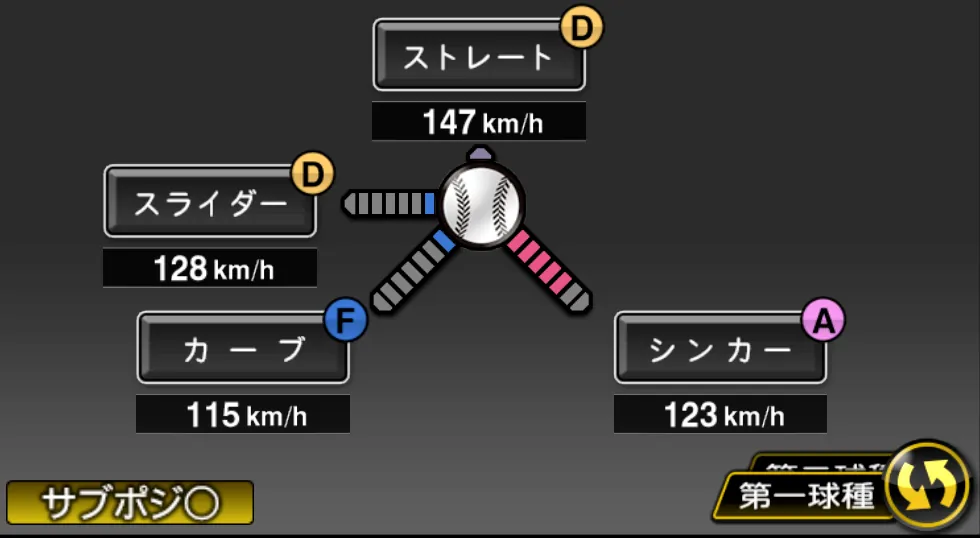 グライシンガーの球種（ゲーム内の画面）