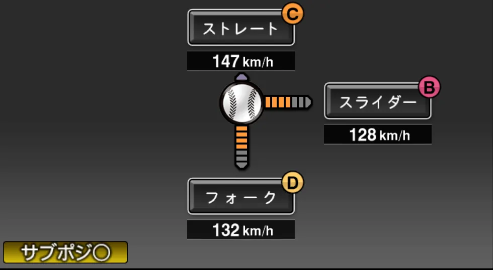 中尾 輝の球種（ゲーム内の画面）