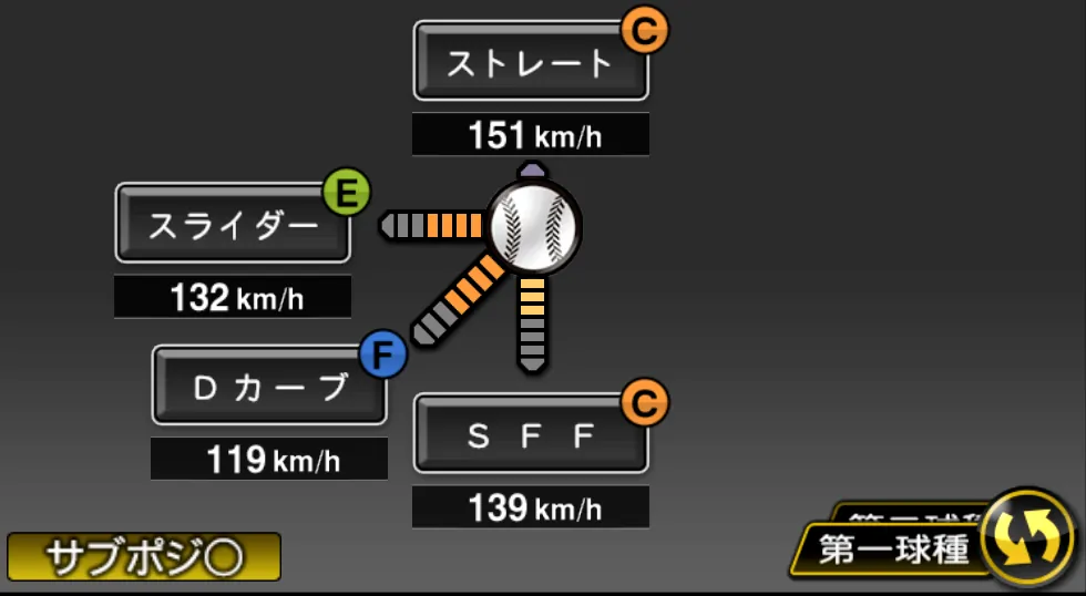 風張 蓮の球種（ゲーム内の画面）