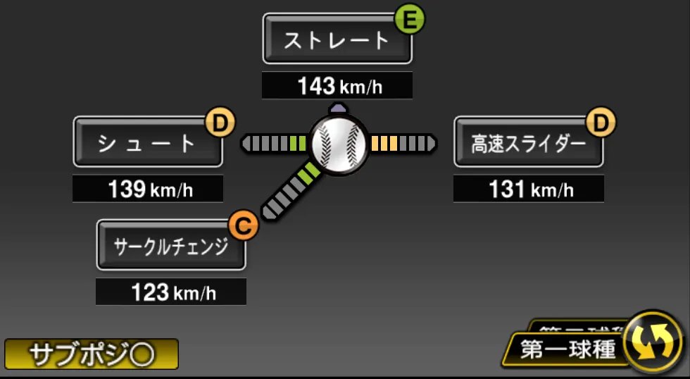 中澤 雅人の球種（ゲーム内の画面）