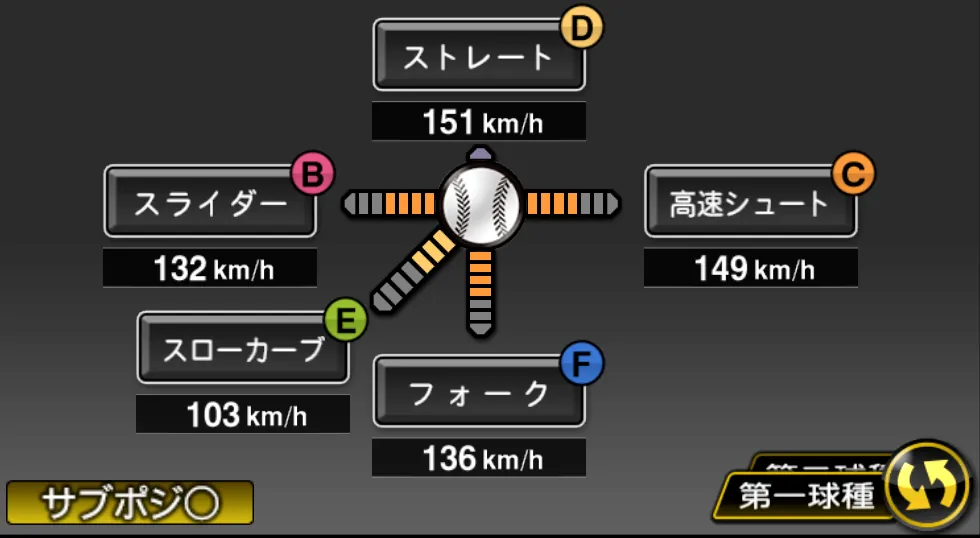 原 樹理の球種（ゲーム内の画面）