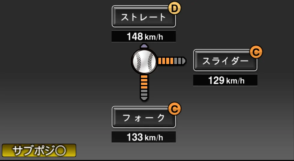 中尾 輝の球種（ゲーム内の画面）