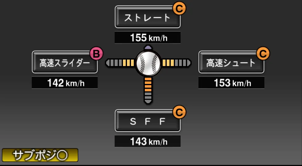 マクガフの球種（ゲーム内の画面）