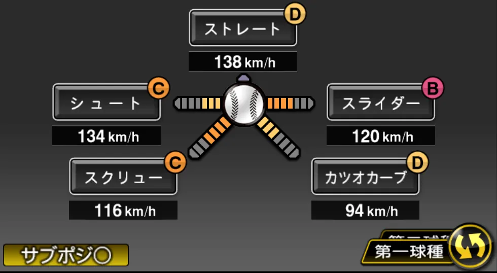 石川 雅規の球種（ゲーム内の画面）