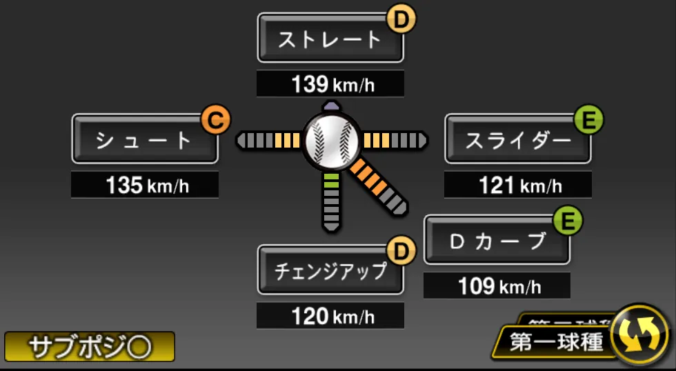 山田 大樹の球種（ゲーム内の画面）