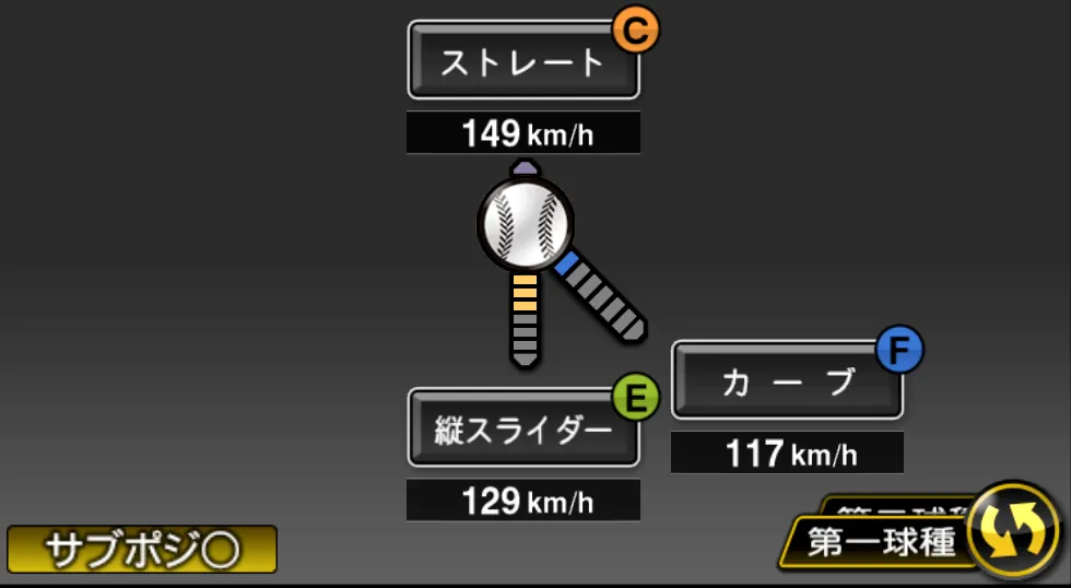 長谷川 宙輝の球種（ゲーム内の画面）