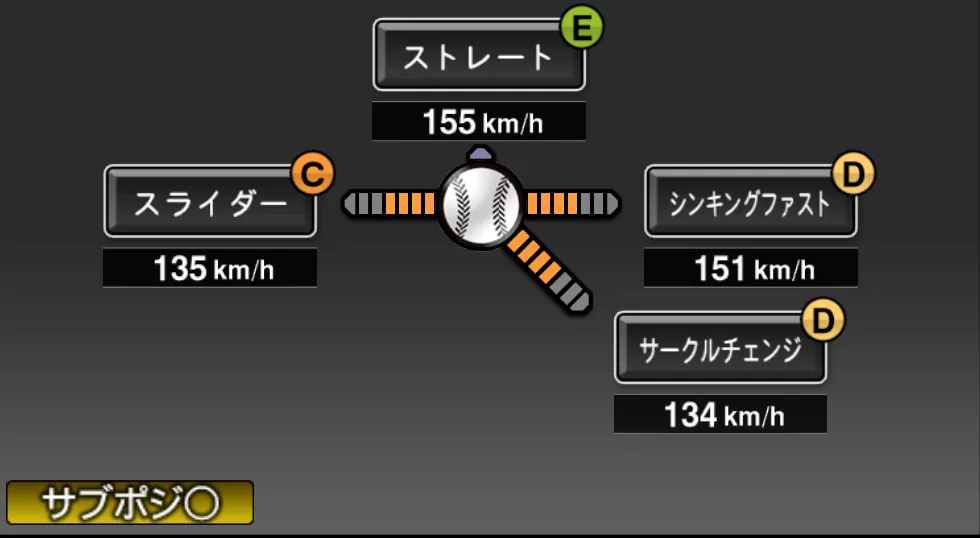 イノーアの球種（ゲーム内の画面）