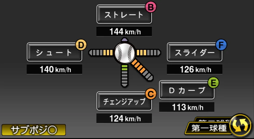 山田 大樹の球種（ゲーム内の画面）