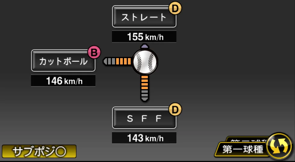 マクガフの球種（ゲーム内の画面）