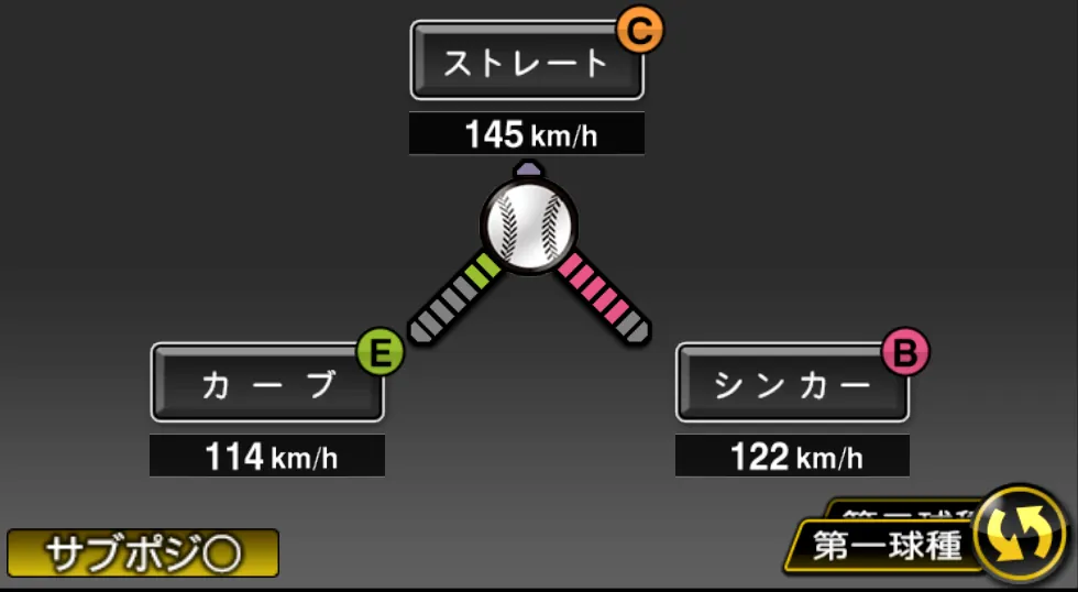 高津 臣吾の球種（ゲーム内の画面）