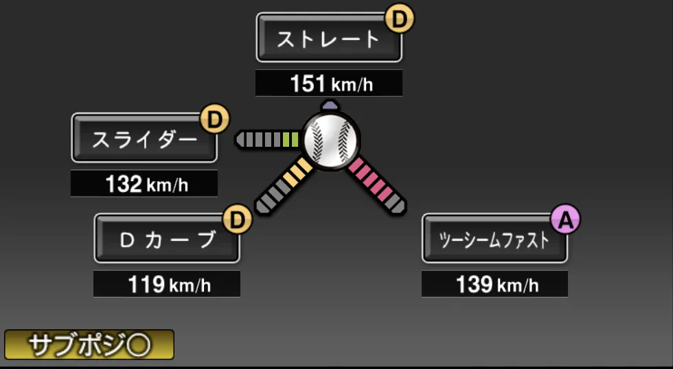 清水 昇の球種(ゲーム内の画面)