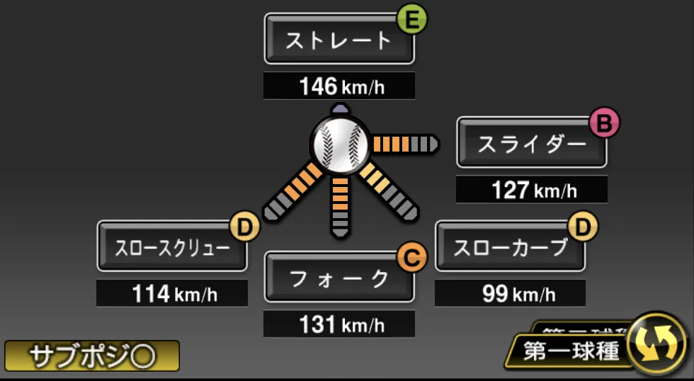 田口 麗斗の球種（ゲーム内の画面）