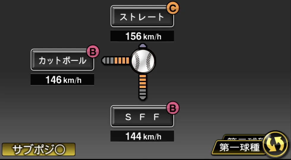 マクガフの球種（ゲーム内の画面）