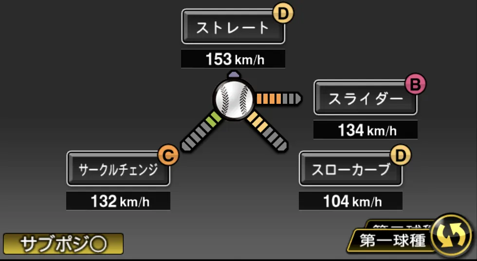 高橋 奎二の球種（ゲーム内の画面）
