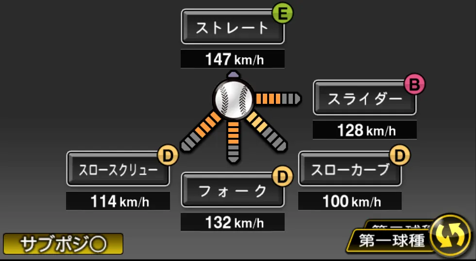 田口 麗斗の球種（ゲーム内の画面）
