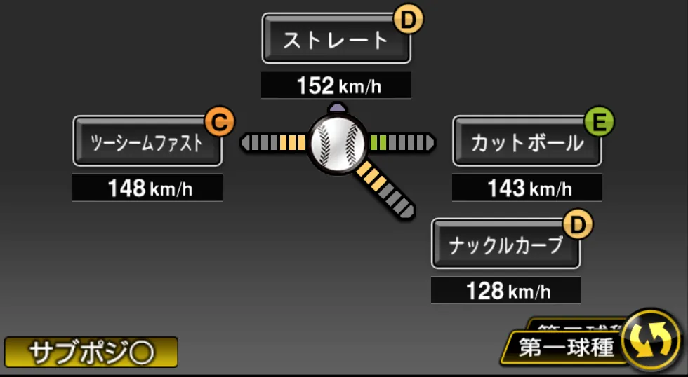 山下 輝の球種（ゲーム内の画面）
