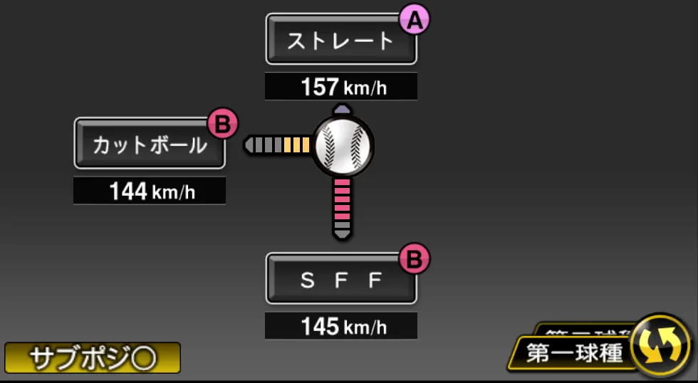 マクガフの球種（ゲーム内の画面）