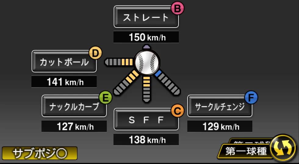 吉田 大喜の球種（ゲーム内の画面）
