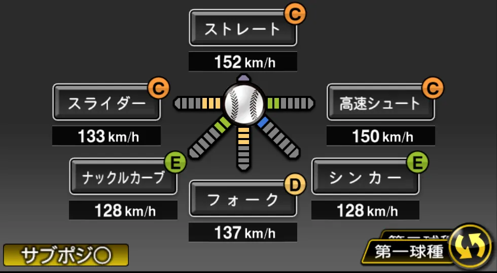 館山 昌平の球種(ゲーム内の画面)
