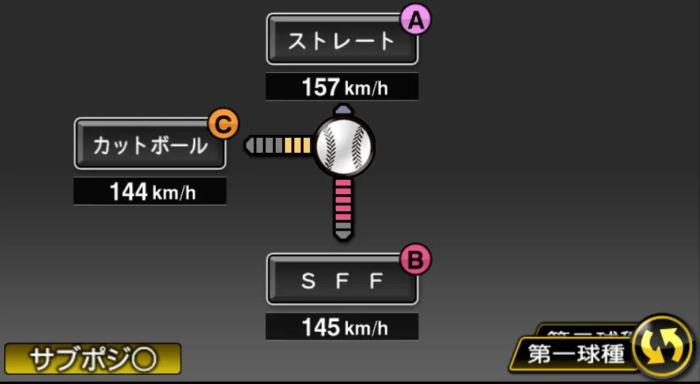 マクガフの球種（ゲーム内の画面）
