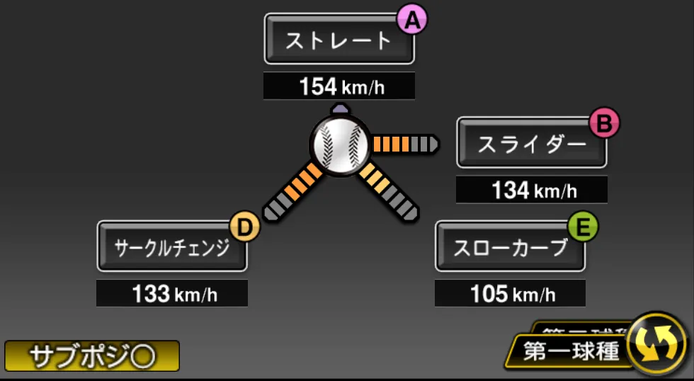 高橋 奎二の球種（ゲーム内の画面）