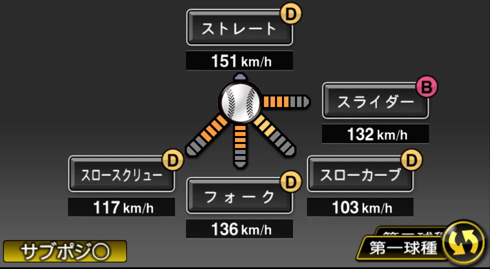 田口 麗斗の球種（ゲーム内の画面）