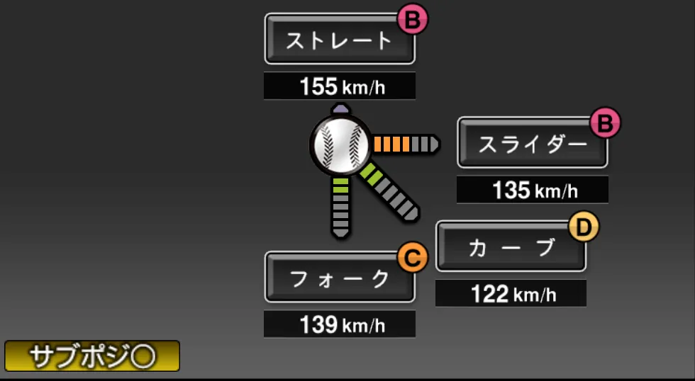 石井 弘寿の球種（ゲーム内の画面）