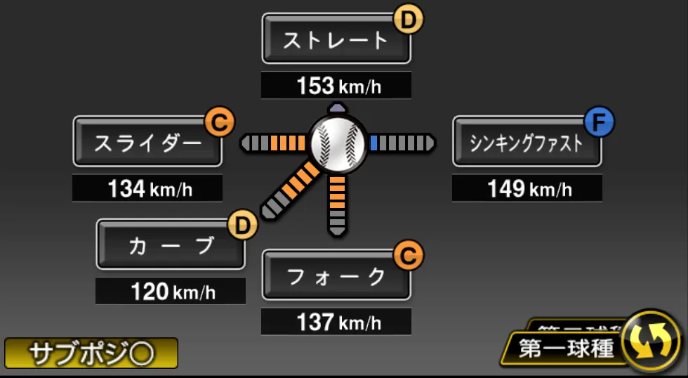 吉村 貢司郎の球種(ゲーム内の画面)
