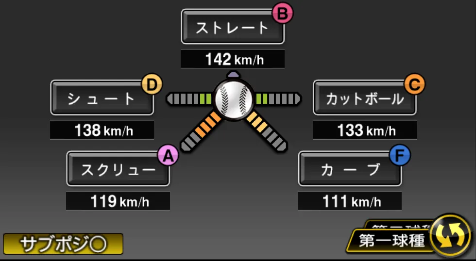 石川 雅規の球種（ゲーム内の画面）