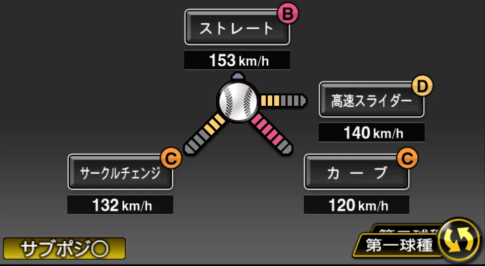 ピーターズの球種（ゲーム内の画面）