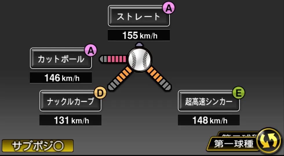 バーネットの球種（ゲーム内の画面）