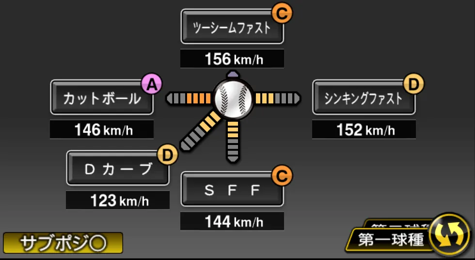木澤 尚文の球種（ゲーム内の画面）