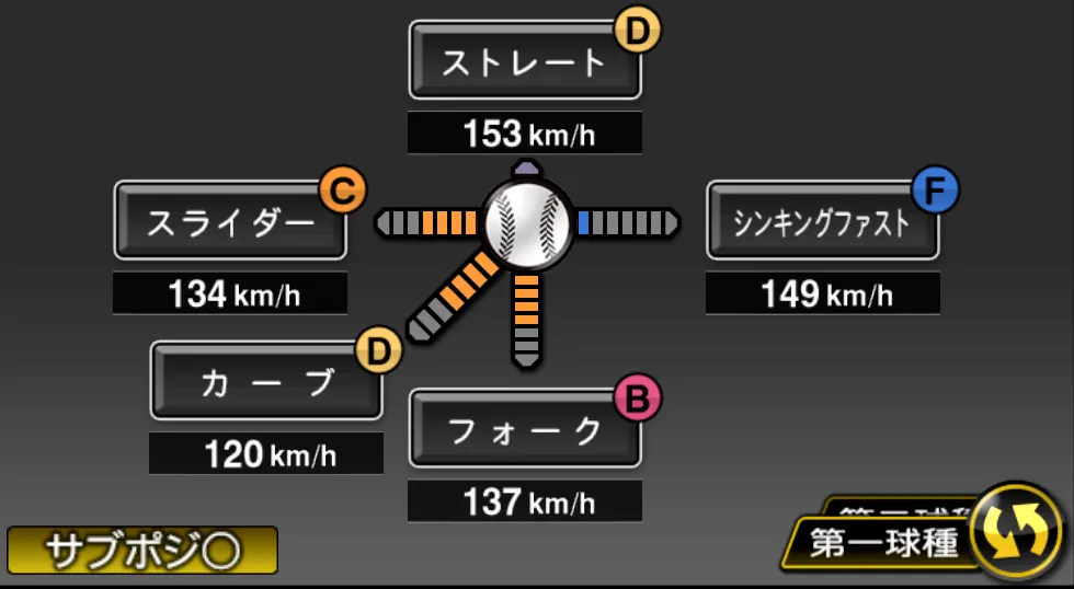 吉村 貢司郎の球種（ゲーム内の画面）